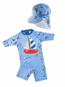 Kid Boys Chic Animals Printed One-Piece Rash Guard with Sun Hat 2pcs Swimsuit Po - Picture 1 of 8