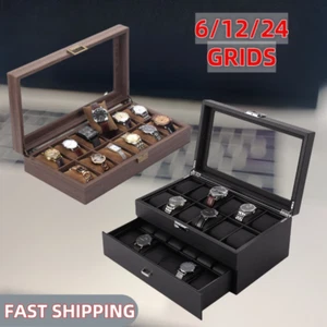 Leather Watch Box 6/12/24 Grids Organizer Case Jewelry Display Storage Showcase - Picture 1 of 20