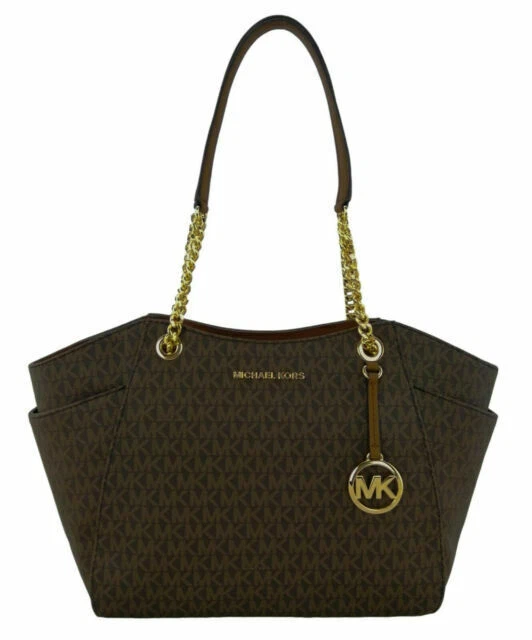 Michael Kors Jet Set Travel Brown Signature Leather Chain Tote Shoulder Bag