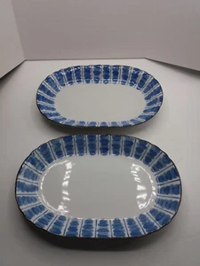 Set of 2 Porcelain Japanese Blue White Rectangular Scalloped Serving Dish Trays - Picture 1 of 11