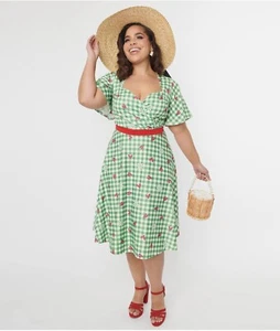Unique Vintage 1950s Green Red Ladybug Gingham Swing Dress Plus Size 1X NWOT - Picture 1 of 4