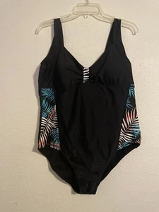 Shein Women's Size XX Large Black Tropical Print Accented One Piece Swimsuit New - Picture 1 of 7
