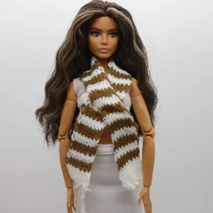 Scarf For Integrity Toys Barbie Size Doll Brown White Stripe Fringe Knitted FR - Picture 1 of 9