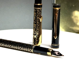 Vintage Iridium Point Germany Fountain Pen and Refill Pen Gold Filigree Black - Picture 1 of 24