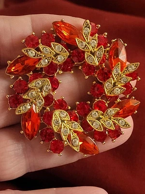 Stunning Red Rhinestone Flower Floral Multilayer Wreath Brooch Pin CA USA P403 - Image 1 of 4