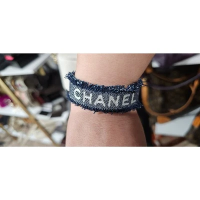 Vintage CHANEL Logo Letter Denim Bangle Bracelet Navy/Silver - Image 1 of 4