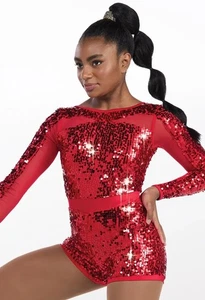 Weissman Girls Dance Costume Red Sequin Long Sleeve Leotard Shorts 7/8 IC 14172 - Picture 1 of 8