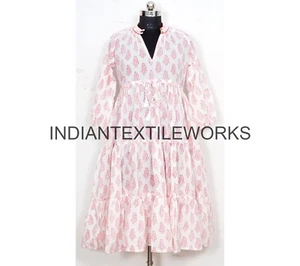 Hand Block Print Women Cotton Dress Flower Print Summer Dress Beach Cover Up - Picture 1 of 4