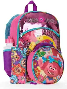 Peace Love Trolls Backpack 5-Set Water Bottle, Lunch Bag, Pencil Case, Carabiner - Picture 1 of 3