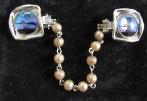 Butterfly Wing Tropical Scene Sweater Clip with Pearl Chain Connector Vintage - Picture 1 of 5
