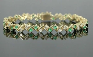 14k Gelb Vergoldet 8Ct Rund Labor Erstellt Smaragd & Diamant Tennis Armband - Bild 1 von 5