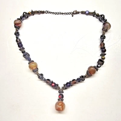 Conjunto de collar y pendientes boho sin firmar piedras semipreciosas cuentas de cristal de vidrio Foto 1 de 4