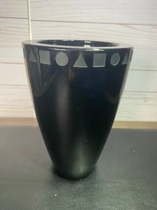 Sasaki Art Glass Black Sengai Geometric Decorated Vase by Ward Bennett 9” High - Picture 1 of 5