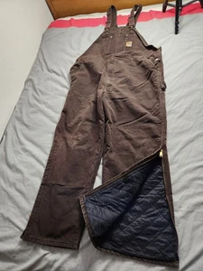 Carhartt Quilted Lined Canvas Bib Overalls Mens Sz 50x32 Dark Brown R27 DKB USA - Picture 1 of 11