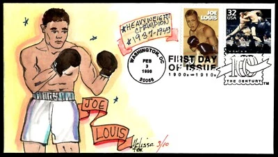 1998 FDC Stamp Variety- Joe Louis Hand Painted MELISSA FOX Cachet WOW - Image 1 of 2