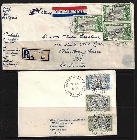 NIGERIA BRITISH COMMONWEALTH 1958 60 TWO COVER REGISTERED AIR MAIL BUKURN TO US Cover
