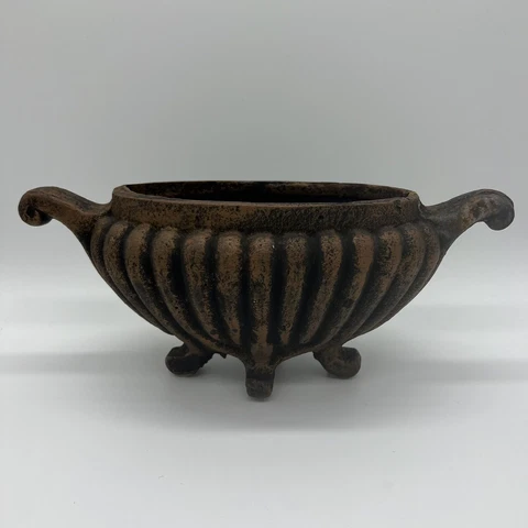 Cast Iron Urn Planter Ribbed Footed Scrolled Handles Antique Black Bronze Cover