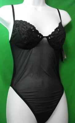 NEW HANKY PANKY 2P8504 BLACK MESH/PLEATHER NUIT BRODERIE TEDDY/BODYSUIT S - Image 1 of 3