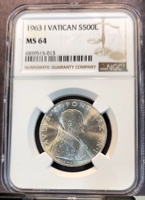 1963 VATICAN SILVER 500 LIRE S500L POPE PAUL VI NGC MS 64 NICE BU LUSTER - Image 1 of 3