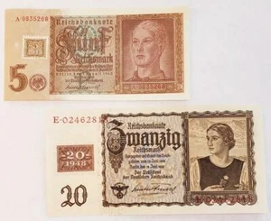 5 and20 Reichsmarks 1939 Germany Russian Occupation Banknotes w/1948 Coupon Unc - Picture 1 of 2