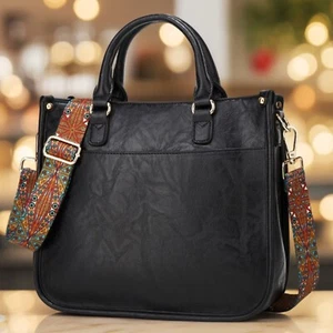 Women's Satchel Bag with Wide Shoulder Straps, Cute Vegan Leather Handbag Purse - Picture 1 of 8
