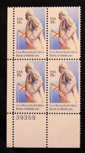 US Stamps Plate Blocks #1826 ~ 1980 GEN. BERNARDO DE GALVEZ 15c Plate Block MNH