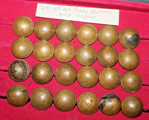 24pc Lot Old Wheat Penny Solid Copper Shank Buttons Domed 5/8th" Secure Soldered Cover