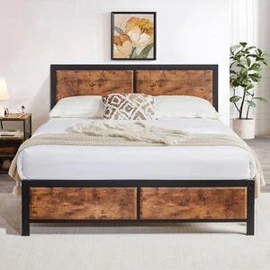 Bed Frame Twin/Full/Queen Size With Wooden Headboard Heavy Duty Metal Platform - Picture 1 of 39