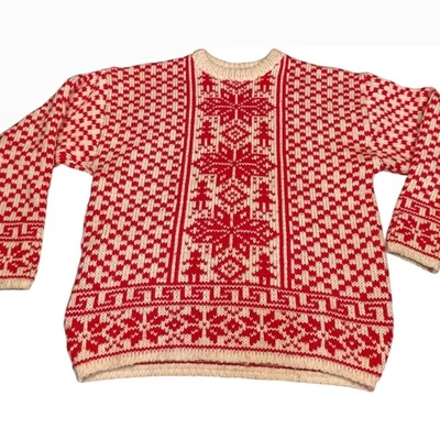 Vintage Devold Norway Wolle Nordic Pullover Herren Large Rot Schneeflocken Urlaub Ski - Bild 1 von 4