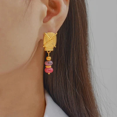 Женские разноцветные водонепроницаемые серьги-капли из нержавеющей стали с натуральным камнем - Изображение 1 из 4