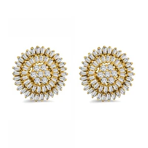 1.11CT Round & Baguette Diamond Cluster Stud Earrings 14K Yellow Gold - Picture 1 of 7