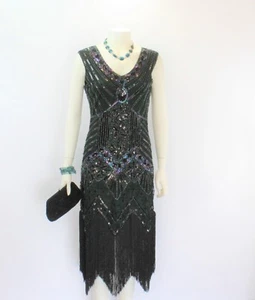 Damenkleid Gatsby Flapper schillernd Perlen Fransen Pailletten ärmellos - Bild 1 von 10