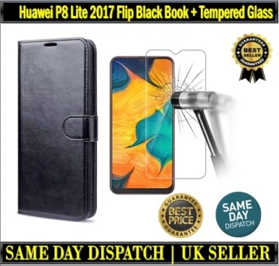 Funda libro negra abatible billetera para Huawei P8 Lite 2017 + vidrio templado Foto 1 de 4