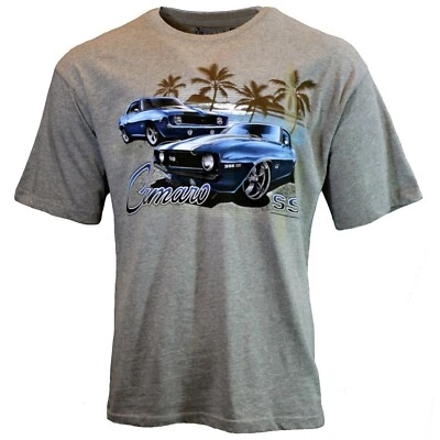 Chevy Camaro SS Men's T-shirt Vintage Palm Trees Sports Car Newport Blue M - 2XL - Image 1 of 3