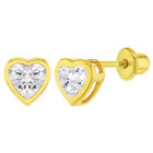 Gold Plated CZ Heart Screw Back Earrings For Toddlers & Little Girls 5mm