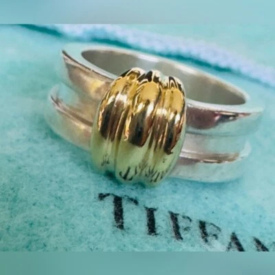 复古 TIFFANY & Co. 戒指凹槽纯银带 K18 黄金 6.2 码 — 第 1/4 张图片