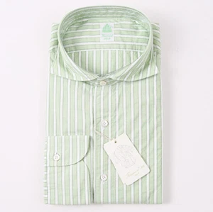 NWT $350 FINAMORE Green-White Stripe Lightweight Cotton Shirt 16.5 x 37 Slim-Fit - Picture 1 of 4
