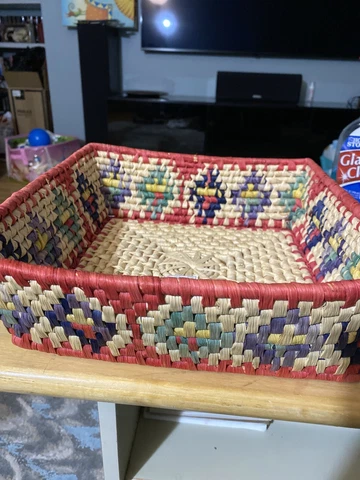 Vintage Old Hand Made Wicker Rattan Native Woven Tribal Basket Dyed Pattern Cover