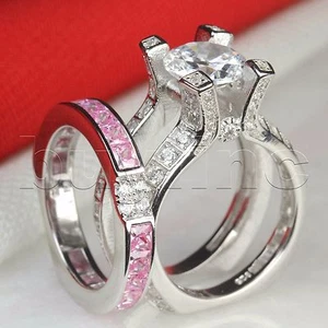 Anello donna rosa inserto zirconi matrimonio fidanzamento zirconi set argento 925 - Foto 1 di 3