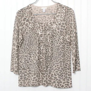 Chico's 2 Shimmering Metallic Leopard Sequined Round Neck 3/4 Sleeve Cardigan Lg - Picture 1 of 9