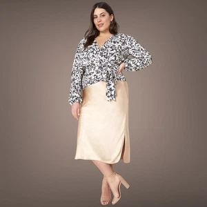Full Wrap Tropical Cropped Blouse Size 22 Cream Maya Print Ruching Long Tie LNC - Picture 1 of 8