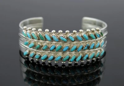 Old Pawn Zuni Native American Sterling Needlepoint Turquoise 3 Row Cuff Bracelet - Image 1 of 4