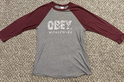OBEY Worldwide Raglan T-Shirt XS Made in USA Burgundy Gray 2000s *Flaw - Image 1 of 4