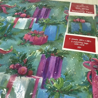 Vtg 60s Gift Wrap CHRISTMAS Pink Purple Presents Bows Retro Wrapping Paper MCM - Image 1 of 4