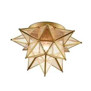 Modern Moroccan Seeded Glass Brass Moravian Star Flush Mount Ceiling Light, - Picture 1 of 7