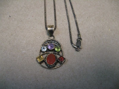 IBB Italy 925 Silver 6 Gemstone Pendant Necklace 17" Carnelian Peridot Topaz &&& - Image 1 of 4
