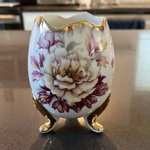 Vintage Pink Gold Footed Porcelain Cracked Egg Vase Hand Painted Roses SS - Picture 1 of 10