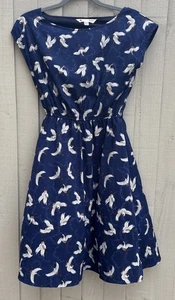 Yumi Blue Crane Bird Print Dress, Knee Length Elasticated Waist UK Size 10 - Picture 1 of 8