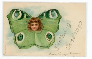 Postal Verde Mariposa y Cara de Niños Brillo Cumpleaños Felicitaciones A&M B #104 - Imagen 1 de 2
