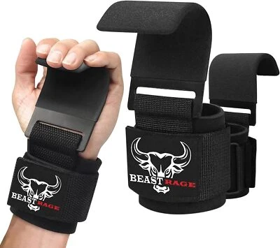 BEAST RAGE "Gewichthebehaken rutschfest gummibeschichtet Griff Handgelenkhaken Hebebänder,,